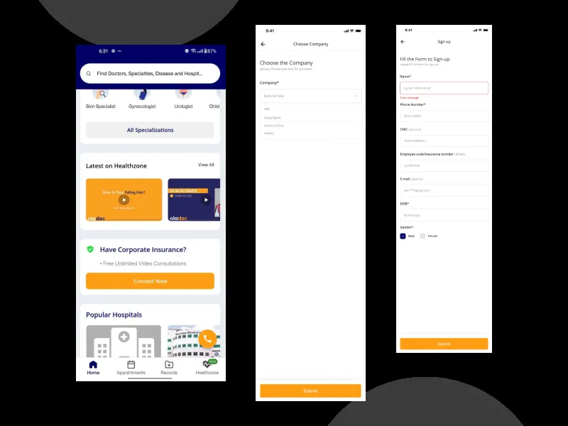 oladoc mobile app screens design