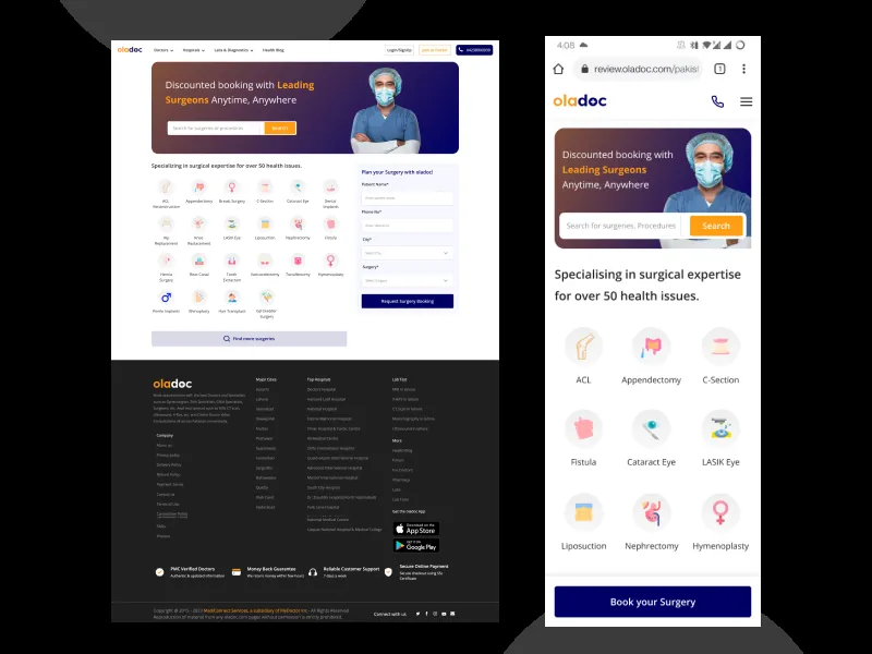 oladoc.com surgery listing page